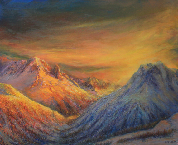 La chaine du Mont Blanc , couch&eacute; de soleil. 55 cm X 39 cm.