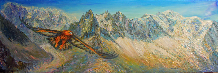 Aigle et la chaine du Mont Blanc. 40 cm X 120 cm.