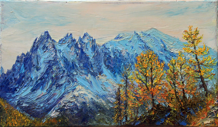 La chaine du Mont Blanc depuis les Aiguilles rouges , automne 2024. 27 cm x 46 cm .