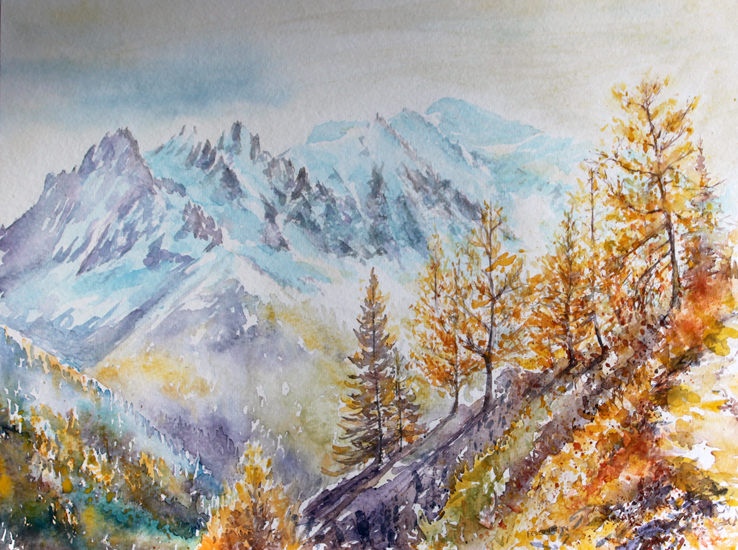 aquarelles de montagne, aquarelles chamonix, aquarelles la chaîne du mont blanc, philippe fescourt