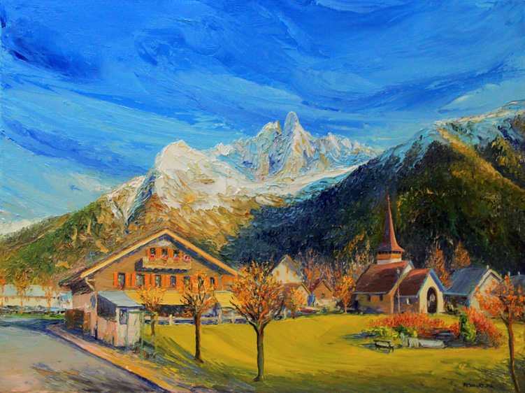 La chapelle des Praz. automne 2024. Vallée de Chamonix. 61 cm x 46 cm .