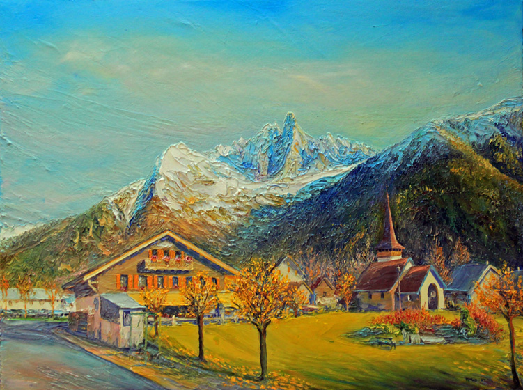 La chapelle des Praz. automne 2024. Vall&eacute;e de Chamonix. 61 cm x 46 cm .