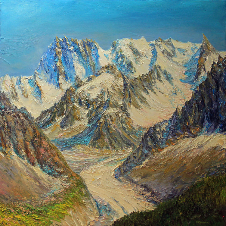La Mer de Glace , les Grandes Jorasses , la Dent du G&eacute;ant. Vall&eacute;e de Chamonix. 80 cm x 80 cm .