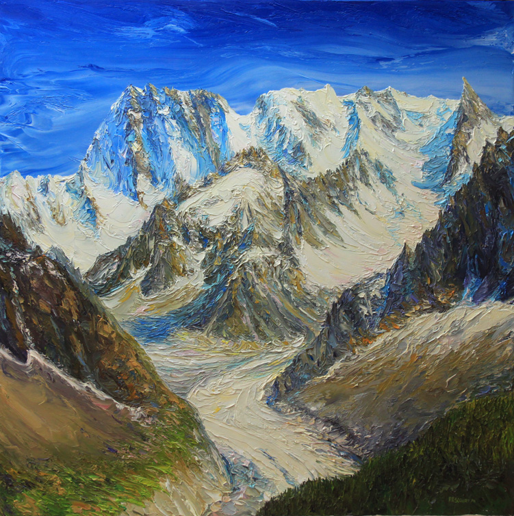 La Mer de Glace , les Grandes Jorasses , la Dent du Géant. Vallée de Chamonix. 80 cm x 80 cm .
