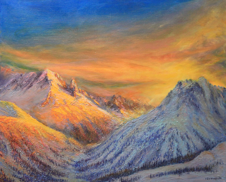 couché de soleil sur la chaine du Mont Blanc , les aiguilles Rouge , la Verte et les Drus. Chamonix.