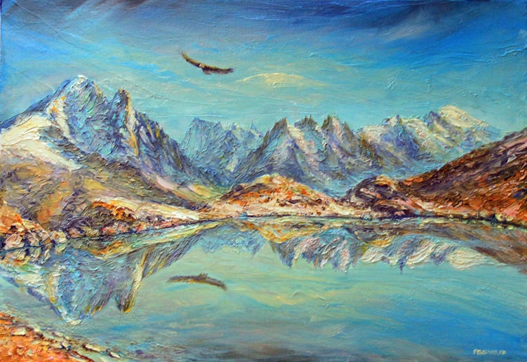 Le lac Blanc , l'Aiguille Verte , la chaine du Mont Blanc. 55 cm x 38 cm.