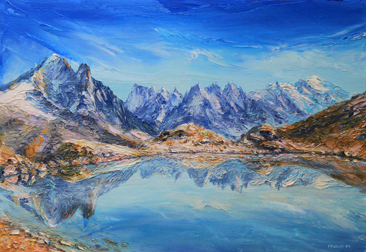 Le lac Blanc , l'Aiguille Verte , la chaine du Mont Blanc. 55 cm x 38 cm.