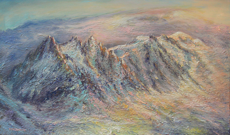 La chaine du Mont Blanc , couch&eacute; de soleil. 55 cm X 39 cm.