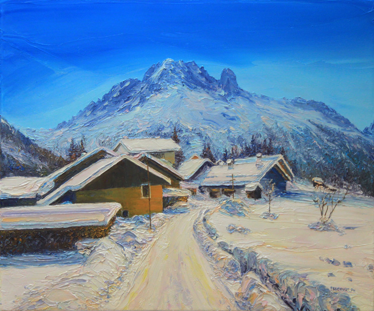Tré le Champ 2 . L'Aiguille Verte et les drus. 55 cm x 46 cm.