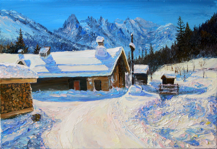 1. La chaine du Mont Blanc . Tré le champ . Col des Montets. Vallée de Chamonix. 55 cm x 38 cm .